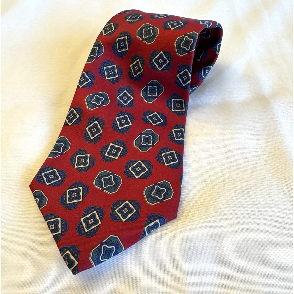 Vintage Sheaf & Caber 100% Silk USA Neck Tie Red Blue Purple Geometric 56 in